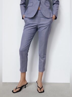 Zara Flecked Midi Rise Skinny Leg Cigarette Style Trousers in Blue